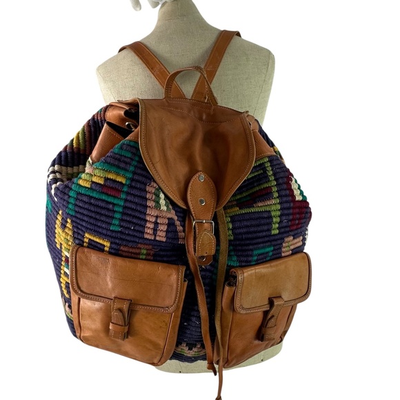 Genuine Vintage Large Boho Leather Backpack Rucksack Handmade Rustic - Picture 1 of 11
